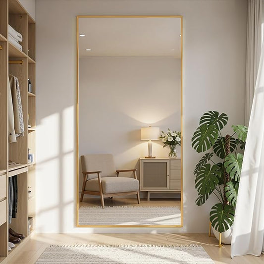Full Length Mirror, 79"x32" Full Body Mirror, Floor Mirrors with Stand, Body Mirrors Standing Hanging Leaning Against Wall,Aluminum Frame Mirrors for Bedroom Cloakroom,Living Room,Gold