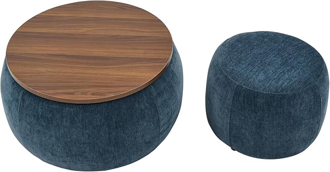 Ball & Cast Round Upholstered Storage-Ottoman Set with Wood Tray, Large Storage Coffee Table w/Footstool & Removable Lid, Dia 25" Padded Bench & End Side-Table for Living Bedroom, Dark Blue