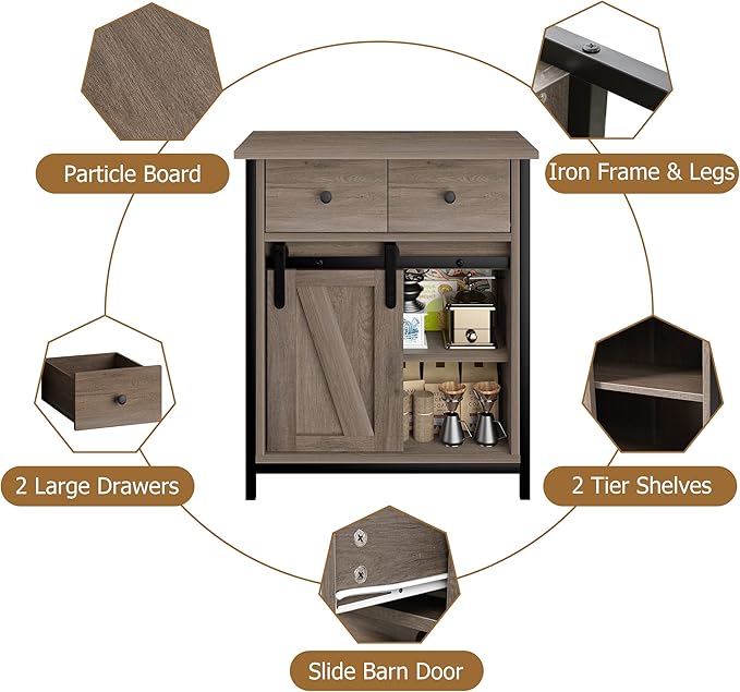 Senfot Coffee Bar Cabinet, Modern Farmhouse Kitchen Buffet Sideboard with 2 Drawers and 2 Shelves, Sliding Barn Door Storage Cabinet for Kitchen, Dining Room, Bathroom, Entryway, Rustic Brown
