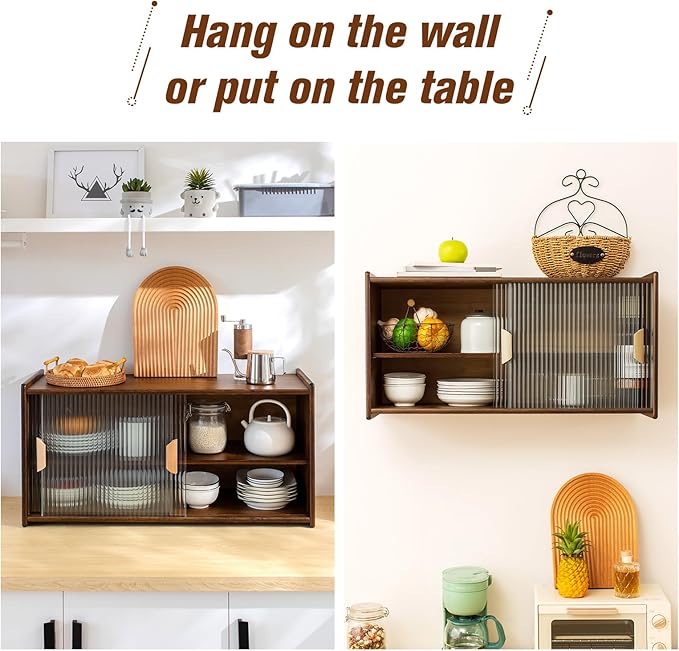 HollyHOME Small Bamboo Wall Mounted Kitchen Pantry Sideboard with 2 Doors and Adjustable Shelves, Coffee Wine Bar Storage Cabinet for Liquor and Glasses, Dining Cupboard for Bottle, Dish, Walnut