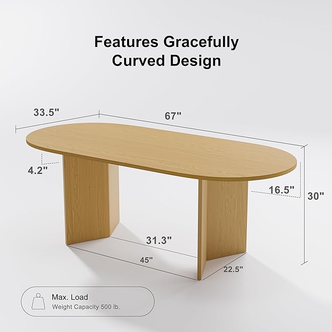 Casaphoria 67" Oval Dining Table, Modern Minimalist Wooden Kitchen Table with Sturdy V-Shaped Pedestal Base, Curved Edges Space-Saving Furniture for Dining Room & Living Space, Natural Wood