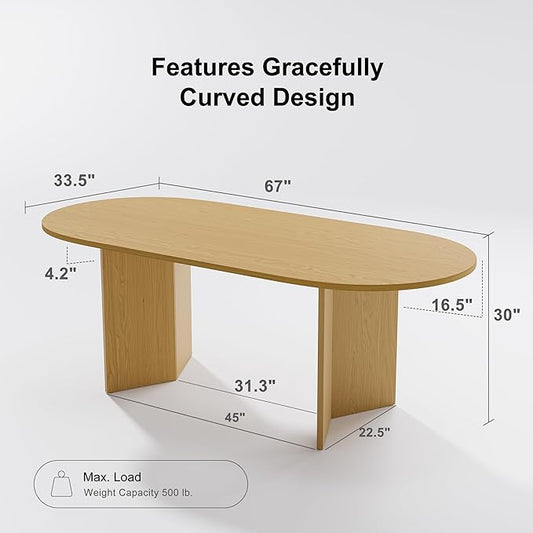 Casaphoria 67" Oval Dining Table, Modern Minimalist Wooden Kitchen Table with Sturdy V-Shaped Pedestal Base, Curved Edges Space-Saving Furniture for Dining Room & Living Space, Natural Wood