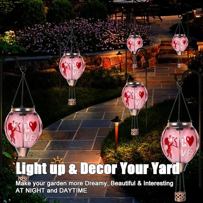 Hot Air Balloon Solar Lantern - Valentine's Day Glass Lantern, Simulated Flickering Dancing Flame, Outdoor Hanging Sunflower Yard Light Waterproof IP65 for Valentines Gift