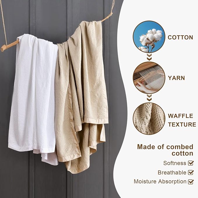 Meadow Park Cotton Waffle Blanket with Sateen Binding - Full/Queen Size - Lightweight and Breathable - Taupe Color