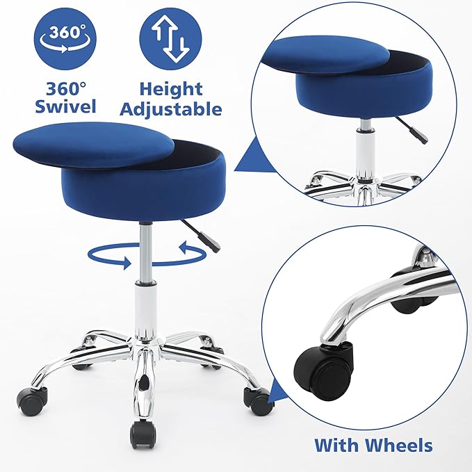 Adjustable Vanity Stool with Storage Rolling Vanity Chair with Wheels Swivel Vanity Stool Chair for Vanity Makeup Stool Blue