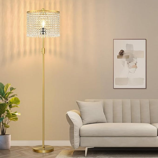 【Upgraded】 Dimmable Crystal Floor Lamps for Living Room, 1000LM LED Bulb Included, Standing Lamp with Knob Switch, Tall Gold Pole Light for Bedroom Nursery Office Corner Reading