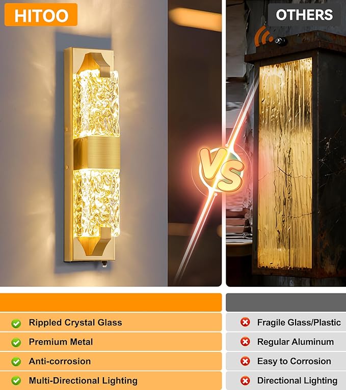 Dusk to Dawn Outdoor Lighting 2Pcs 18.8" Modern Ripple Crystal Porch Lights Outdoor, Waterproof IP65 Hardwired Wall-Mounted Exterior Light for House Entryway, Patio, Doorway (Gold)