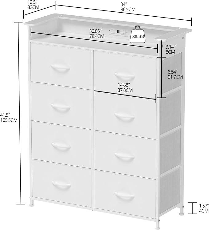White Dresser for Bedroom with Power Outlets and LED Lights Narrow 8 Fabric Drawers Dressers Tall Storage Tower Unit for Entryway Closet Hallway Living Room Sturdy Steel Frame Wooden Top