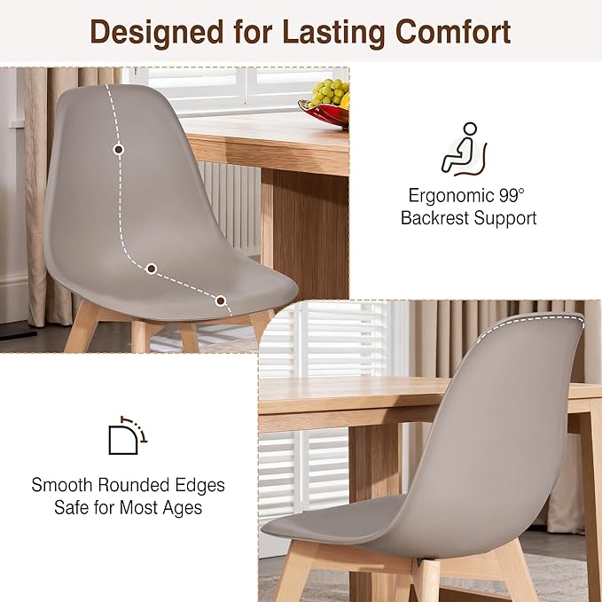 VECELO Dining Chairs Set of 4, Mid-Century Modern Kitchen & Dining Room Chairs, Molded Plastic Seat & Back, Solid Wood Legs, Armless, Non-Slip Feet, Grey