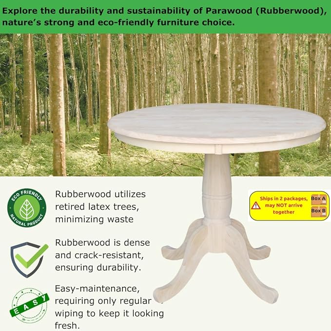 36" Round Top Pedestal Dining Table, 29.1" High, Unfinished