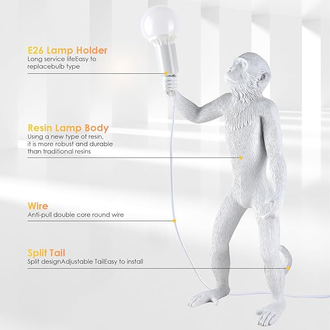 Modern Resin Standing Monkey Table Lamp,Desk Lamp,Animal Lamp,Bedside LED Light for Home Decor,Living Room, Bedroom, Home Office, Kids Room(White-Standing)