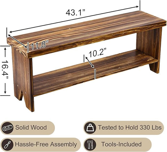 43" Solid Wood Farmhouse Bench, Entryway Bench with Storage Shelf, Vintage Long Rustic Indoor Bench for Bedroom, Entryway, Hallway, Dining