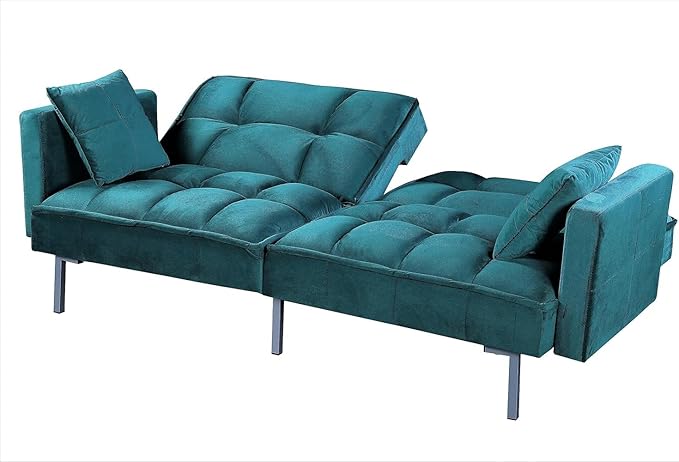 Container Furniture Direct Regal 75.6" Velvet Convertible Sofa Bed - Mid-Century Sleeper Couch w/Tufted Design & Metal Legs - Pull-Out Futon for Guests/Home (75.6" W x 34.6" D x 32" H), Blue