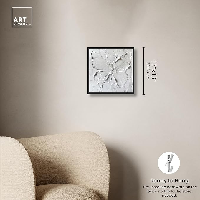 Art Remedy White Butterfly Canvas Elegant White Gold Wall Art, Black Frame, 12" x 12"