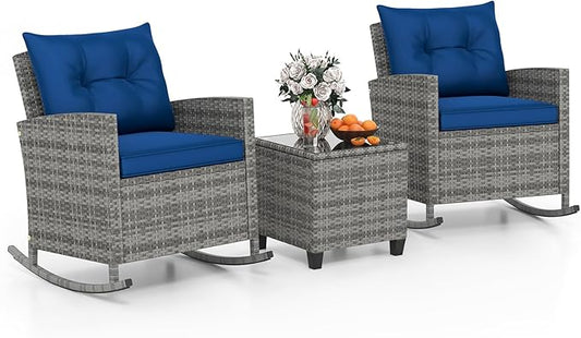Tangkula 3 Piece Wicker Rocking Set, Patio Rattan Roker Chairs with Tempered Glass Table & Soft Cushions, Outdoor Furniture Set for Backyard, Poolside Porch (Mix Gray & Navy)