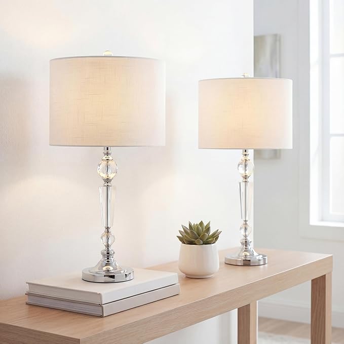 JONATHAN Y 30.5" Clear Crystal Table Lamp Set of 2 for Living Room Bedroom, Modern Glam Candlestick Lamp with Chrome Base and White Linen Drum Shade, LED Bulbs Included JYL2048A-SET2