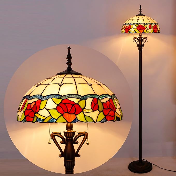 Tiffany Floor Lamp Rose Flower Style Stained Glass Standing Reading Light 16X16X66 Inches Antique Pole Corner Lamp Decor Bedroom Living Room