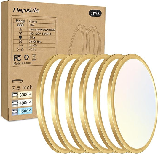 6PACK LED Flush Mount Ceiling Light, 3CCT Selectable 3000K-4000K-6500K & 100W Equivalent Modern Kitchen Recessed Ceiling Lamp 15W 1500Lm 7.5 Inch for Bathroom Closet Laundry Bedroom