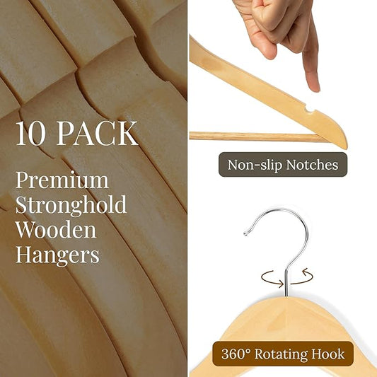 Wooden Clothes Hangers 10 Pack, Natural Wood Coat Hangers, Non-Slip Shoulder Grooves & Notches, 360° Swivel Chrome Hook, Space-Saving for Suits & Jackets, Closet Organizer - Hodge Home Essentials