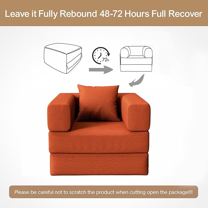 BSHOMGI Folding Sofa Bed, 2 in 1 Convertible Sofas to Lounger Comfy Single Bean Bag Chair Floor Portable Foldable Sleeper Lazy Futon Couch Chair for Bedroom, Living Room(Orange, 35.43" Single Sofa)