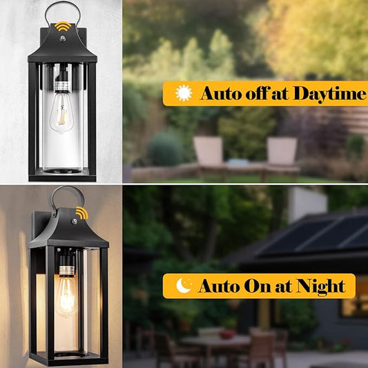 Dusk to Dawn Outdoor Lighting for House 17 Inch, Black Porch Light Cylindrical Glass IP65 Waterproof Large Outdoor Light Fixture Farmhouse Sconces Wall Lighting Exterior Lanterns for Patio