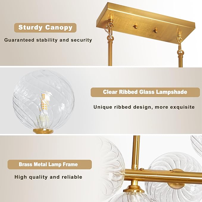 Modern Chandeliers for Dining Room Swirled Glass 55" Gold Linear Sputnik Chandelier 16-Light Large Chandelier Bubble Dining Room Light Fixture Linear Island Lights for Kitchen, Electroplated Brass
