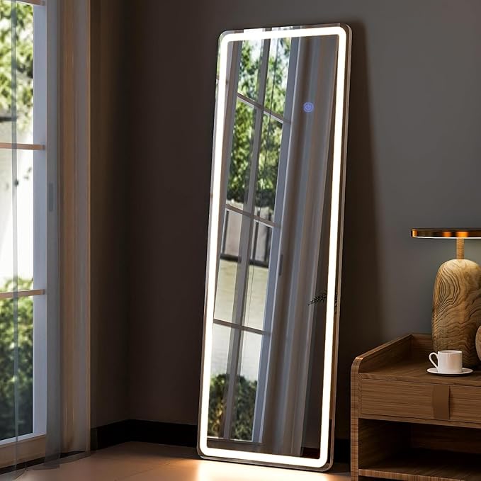 Alpen 64"x21" Full Length Mirror with LED Lights, Lighted Full Body Mirrors, Aluminum Frame Mirror with Dimming & 3 Color Lighting, Hanging Mounted Mirrors for Bedroom Dressing Room Cloakroom