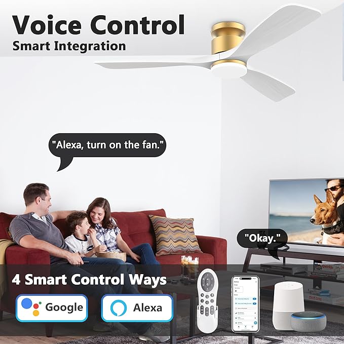 52 Inch Smart Low Profile Ceiling Fans,Solid Wood Outdoor Indoor Ceiling Fan with Lights Remote,WIFI Alexa App Control,Quiet DC Motor,Dimmable LED,Modern Flush Mount Fan for Bedroom Patio,Gold White