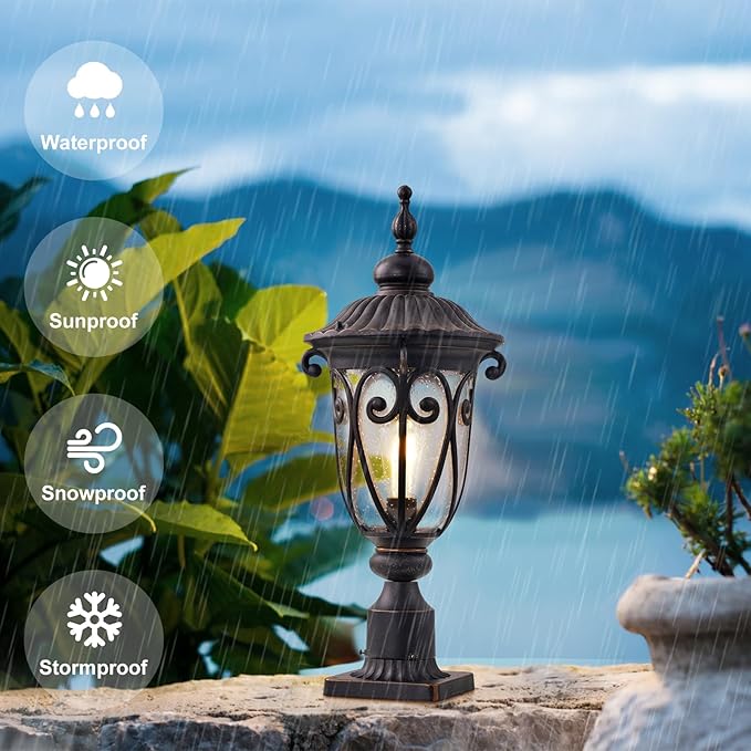 Outdoor Post Light Fixture with Pier Mount, 24 Inch High Vintage Post Lamp for Yard, Antique Bronze Exterior Waterproof Pole Lantern with Seeded Glass Shade, Aluminum, LM0519-M
