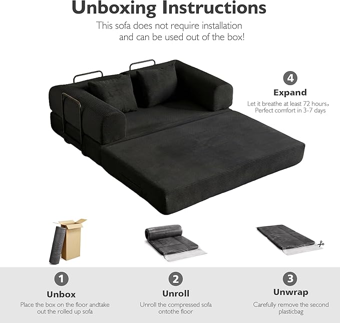 59in Convertible Sofa Bed, Corduroy Boneless Couch Bed, Futon Sleeper Sofa Pull Out Bed, Foldable Couch for Living Room Apartment, No Assembly Required