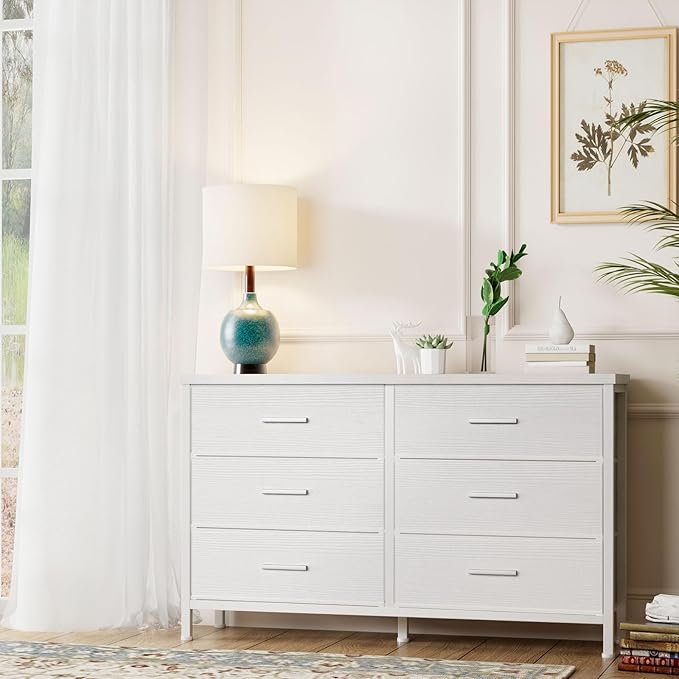 BOLUO Large White Dresser for Bedroom 6 Drawer, Wide Fabric Dressers & Chests of Drawers Modern