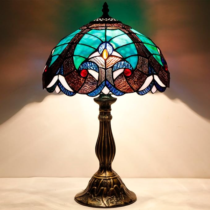 WERFACTORY Tiffany Style Lamp Green Liaison Stained Glass Bedside Table Lamp Reading Desk Light 12X12X18 Inches Decor Nightstand Bedroom Living Room Home Office S160G Series