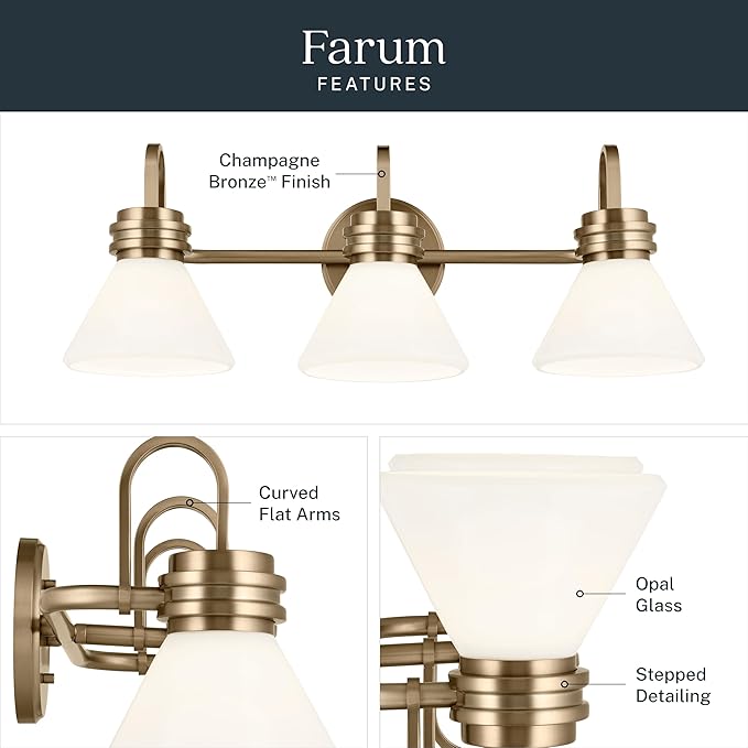 Kichler Farum 26" 3-Light Vanity Light with Opal Glass in Champagne Bronze, for Single or Double Vanity, Over a Mirror, Powder Room, Bathroom, (26" W x 9.5" H) 55155CPZ