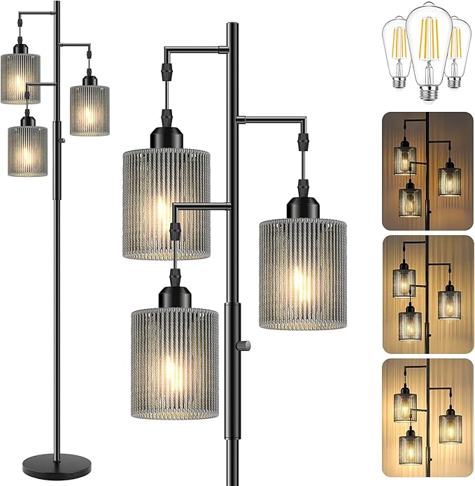 Hotsonic 72" Rattan Boho Floor Lamp, Tall Dimmable Standing Lamp with Handcrafted Gray Shade, Industrial Tree Floor Lamps for Living Room, Bedroom, Study Room, Office(3x800LM LED Bulbs Included)-Black