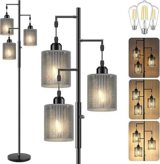 Hotsonic 72" Rattan Boho Floor Lamp, Tall Dimmable Standing Lamp with Handcrafted Gray Shade, Industrial Tree Floor Lamps for Living Room, Bedroom, Study Room, Office(3x800LM LED Bulbs Included)-Black