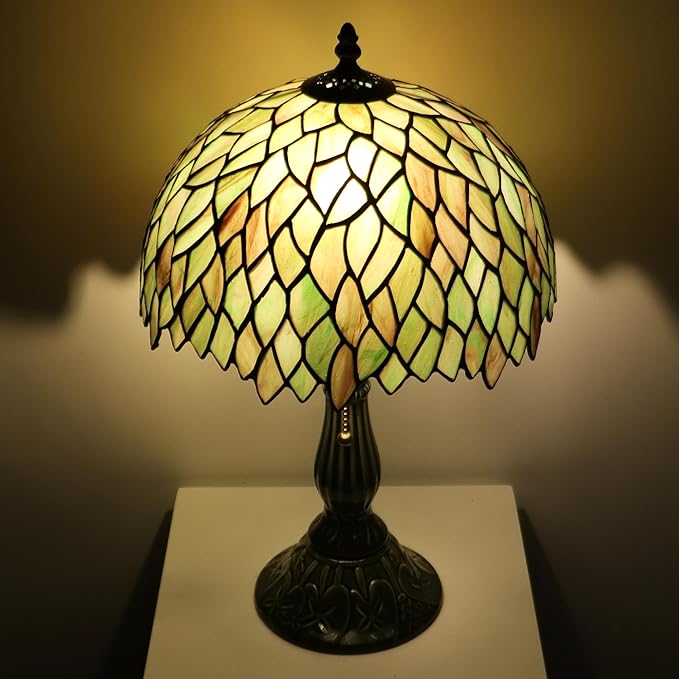 Tiffany Lamp Stained Glass Table Lamps Brownish Green Leafage Style Desk Lamp 12X12X18.5 Inch Bronze Ceramic Base Reading Light Suitable for Bedside Bedroom Living Room Dining Room Office