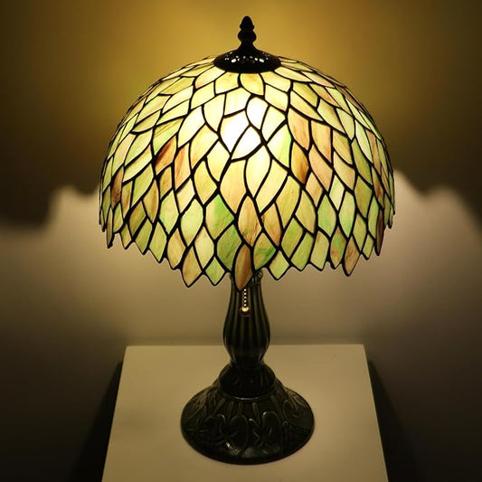Tiffany Lamp Stained Glass Table Lamps Brownish Green Leafage Style Desk Lamp 12X12X18.5 Inch Bronze Ceramic Base Reading Light Suitable for Bedside Bedroom Living Room Dining Room Office