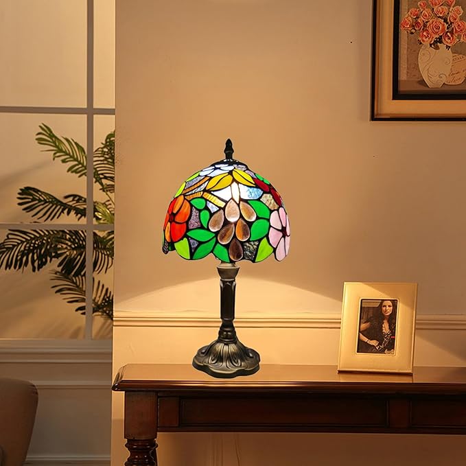 Tiffany Table Lamp,8X8X15Inch Small Antique Rose and Grape Pattern Stained Glass 3 Color Temperatures Bedside Nightstand Table Lamps for Bedroom Living Room Home Office+LED Bulb