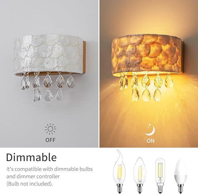 2-Light Capiz Shell Crystal Wall Sconces, Coastal Design Indoor Wall Lamp, Vanity Wall Mount Light Fixture for Bathroom, Hallway, Bedroom, Shell Lampshade, Crystal Pendants & Gold Finish