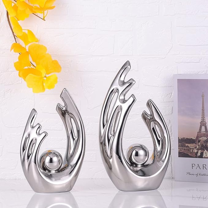 LCCCK 12" H Silver Aesthetic Room Decor Accent, TV Stand Funky Table Centerpiece, Abstract Art Ceramic Statue and Sculpture, Silver Decor for Living Room, Bookshelf Decorative Objects, Shelf Decor