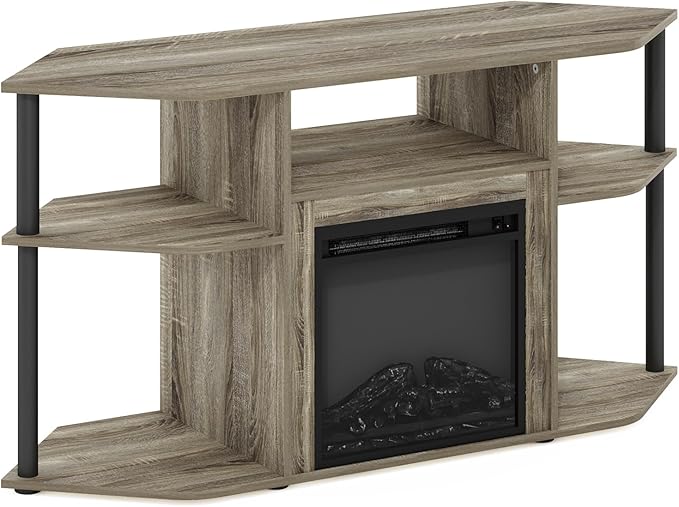 Furinno Jensen Fireplace TV Stand, Corner Entertainment Center, TV Console for TV up to 55 Inch with Fireplace, Plastic Poles and Open Storage, for Living Room, Bedroom, French Oak Grey