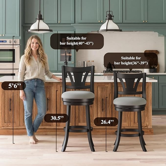 Swivel Bar Stools Set of 2,26 Inch Counter Height Barstool with Silent Rotation, High-Density Foam Cushion, Solid Wood Frame, Footrest & Anti-Slip Pads for Kitchen Islands and Home Bars (Grey)