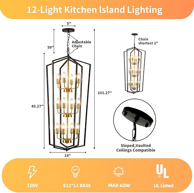 WJShome Modern Black and Gold Chandelier, 12-Light Tiered Lantern Pendant Light Fixture, Long Chandeliers for High Ceilings, Farmhouse Foyer Lighting Fixtures, for Living Room Staircase Entryway