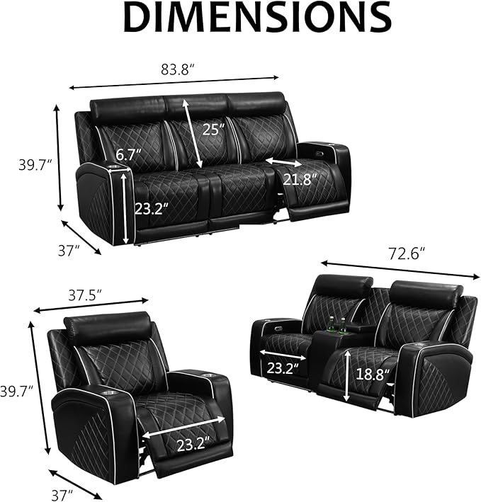 Breathing Leather Power Reclining Chair, Leather Reclining Sofa Couch Chair for Living Room, Single Recliner with USB Ports/LED Lighting for Bedroom/Office/Home Theater (Black New, Recliner Chair)