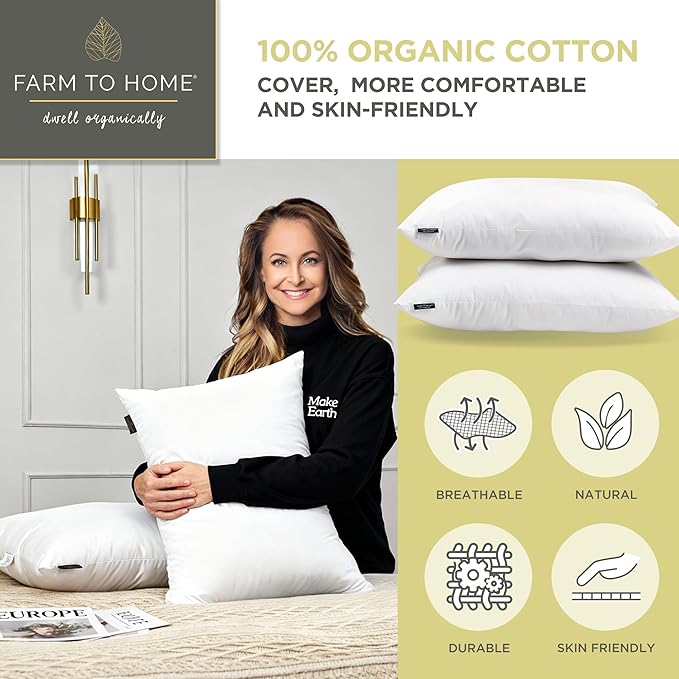 Farm to Home Feather and Down Pillows, 100% Organic Cotton Cover Pillows, Luxury Hotel Collection Bed Pillows for Sleeping, 20" x 28" Queen/Jumbo Size Set of 2