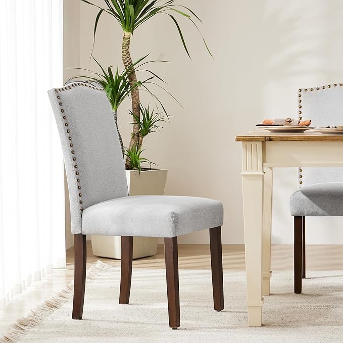 DUMOS Upholstered Dining Chairs，Set of 6 Fabric Dining Room Kitchen Chair with Nailhead Trim and Wood Legs, Modern Side Chairs for Living Light Grey
