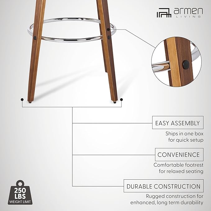Armen Living Sonia 30" Bar Height Swivel Brown Faux Leather and Walnut Wood Bar Stool - Set of 4