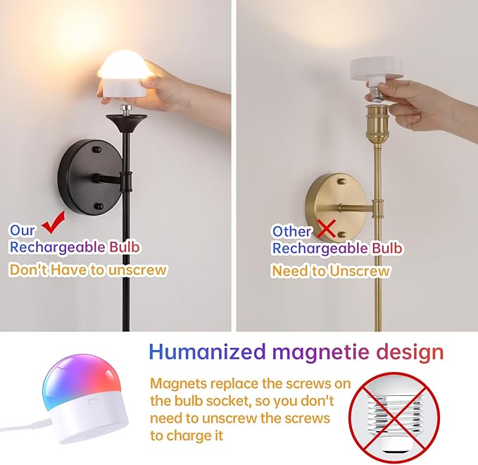 Battery Operated Wall Sconce Set of 2, Amber Tulip Vintage Wall Light Fixture Rechargeable 5000mAh Battery Powered Wall Lamp with Remote for Living Room Bathroom, Black