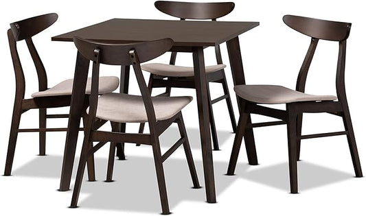 Baxton Studio Cavan Dining Set Dining Set Beige Fabric Upholstered Dark Oak Brown Finished 5-Piece Wood Dining Set