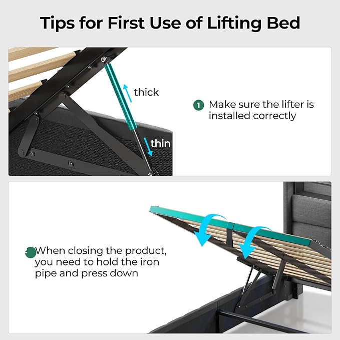 Rolanstar Bed Frame Twin Size with Lift Up Storage, Charging Station & LED Lights, Upholstered Storage Headboard, Heavy Duty Wooden Slats, No Box Spring Needed, Noise Free, Easy Assembly, Black